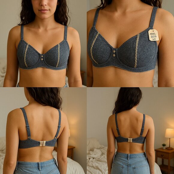 Vintage LCA Denim Bra 36B Style 717164 Blue Cotton Lace Trim Decorative Buttons - Picture 1 of 8